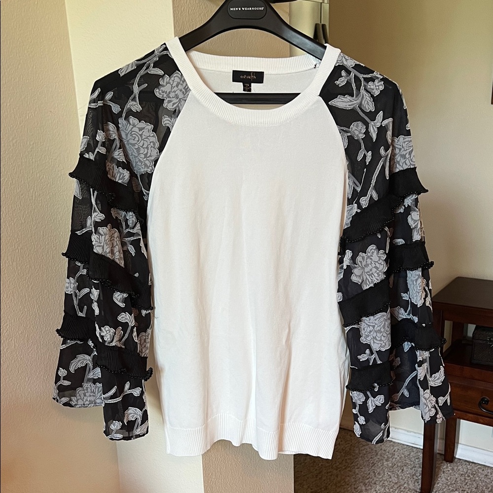 White and Black Floral Sleeve Sweater